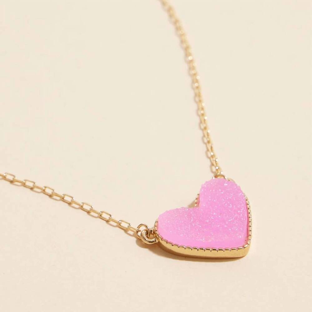 NEW FREM women's heart druzy stone charm short necklace in pink sparkle